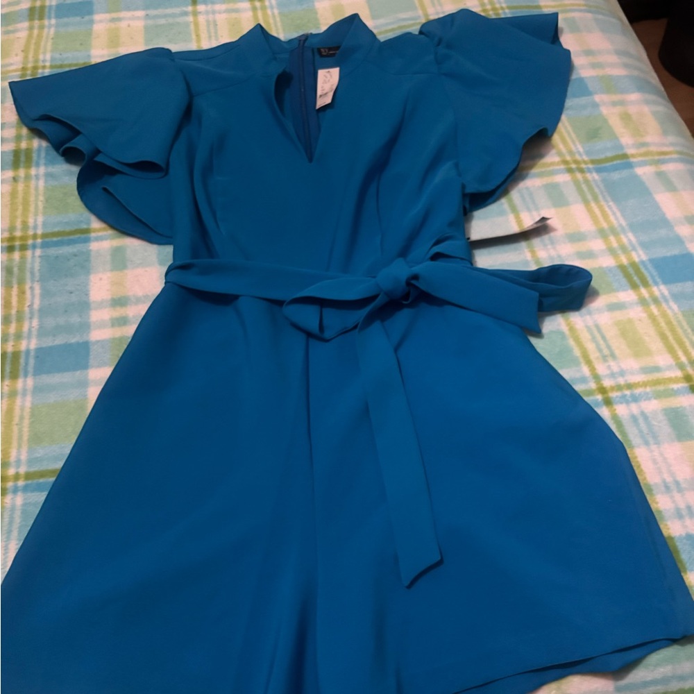 New York & Company Teal Flutter Sleeve Dress